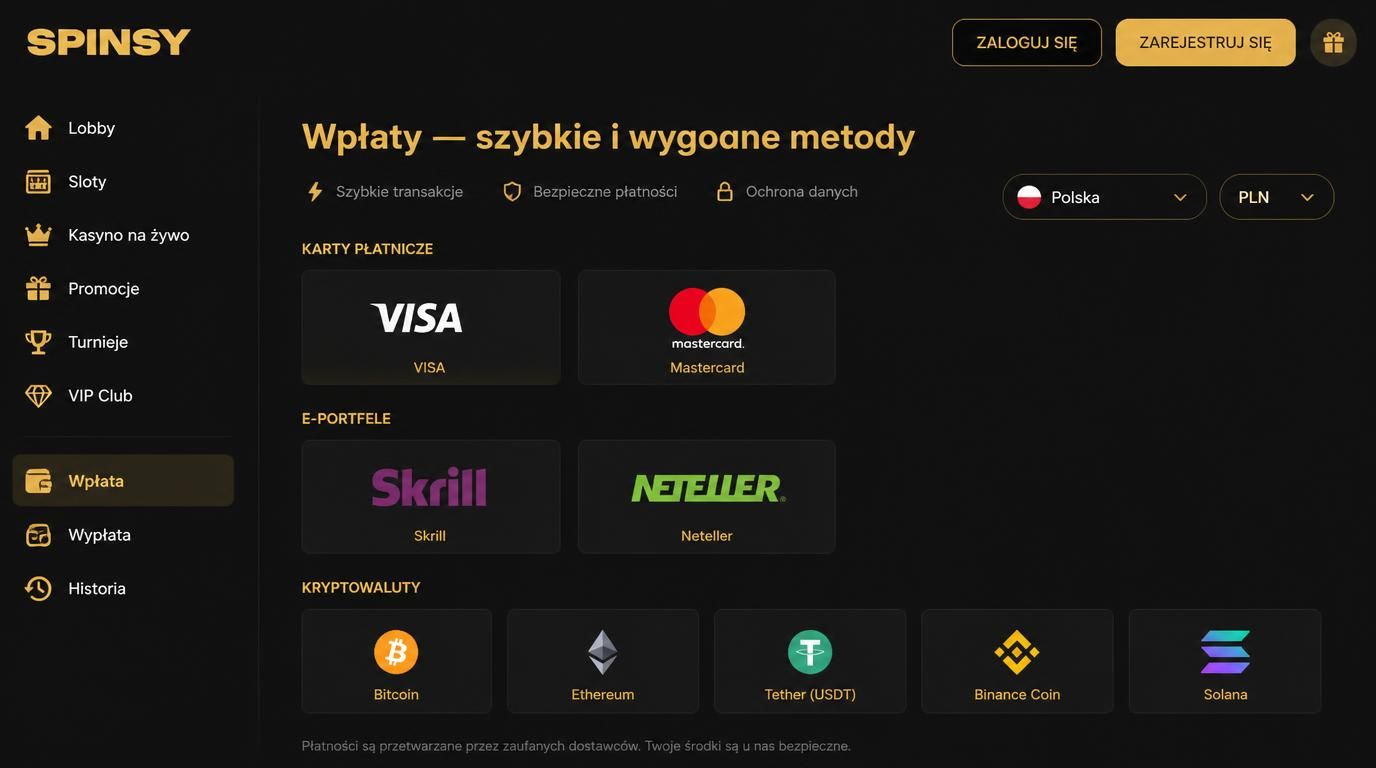 Interfejs płatności: karty, e-portfele, kryptowaluty w Spinsy Casino
