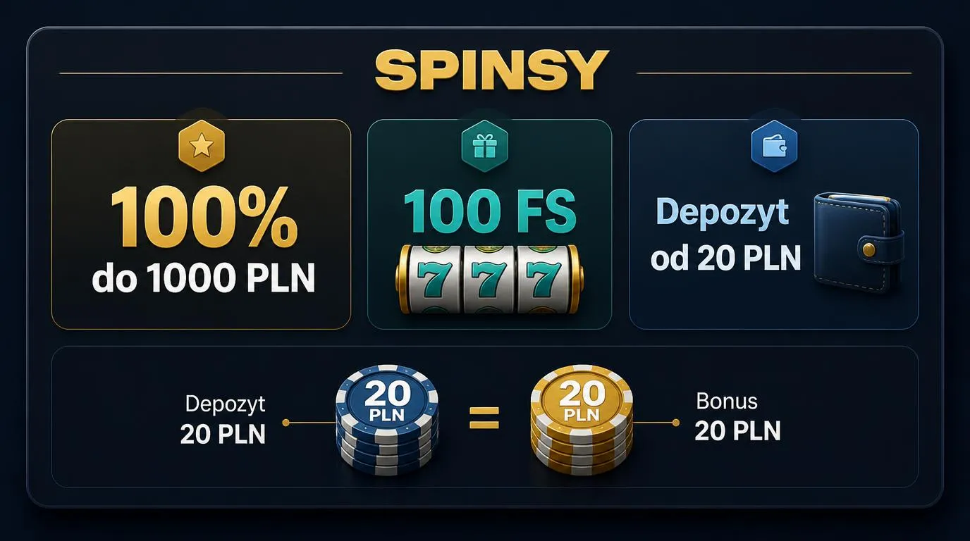 Panel bonusu powitalnego z ofertą 100% do 1000 PLN, 100 darmowymi spinami i minimalnym depozytem 20 PLN
