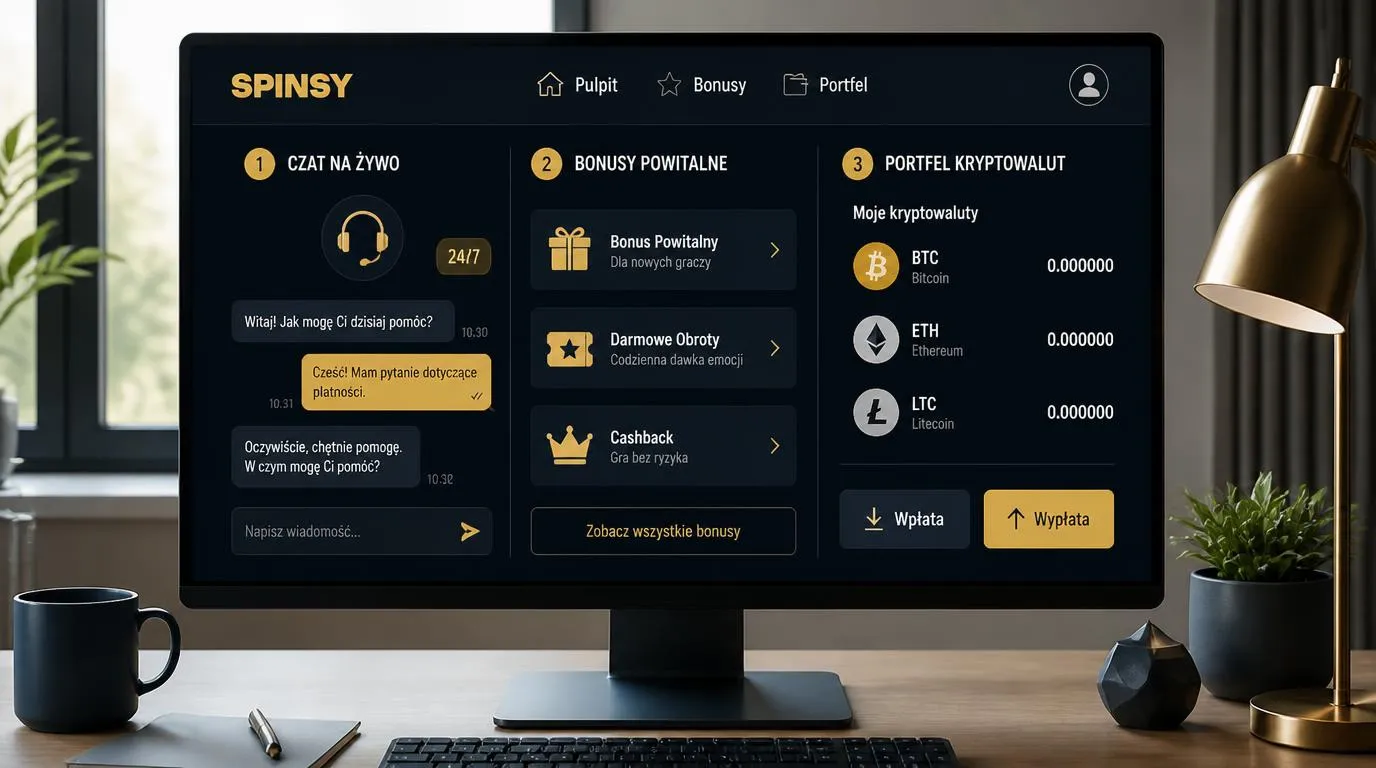 Panel kasyna z całodobowym czatem, kartami bonusów oraz opcjami wpłat i wypłat kryptowalutowych