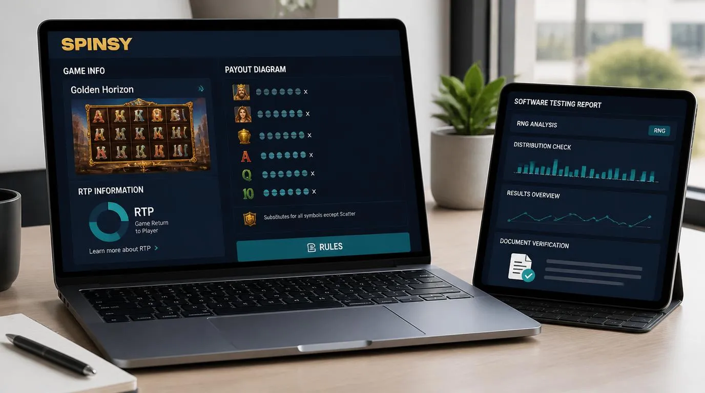 Panel gry kasynowej z zasadami, parametrem RTP i dokumentacją testów RNG obok laptopa